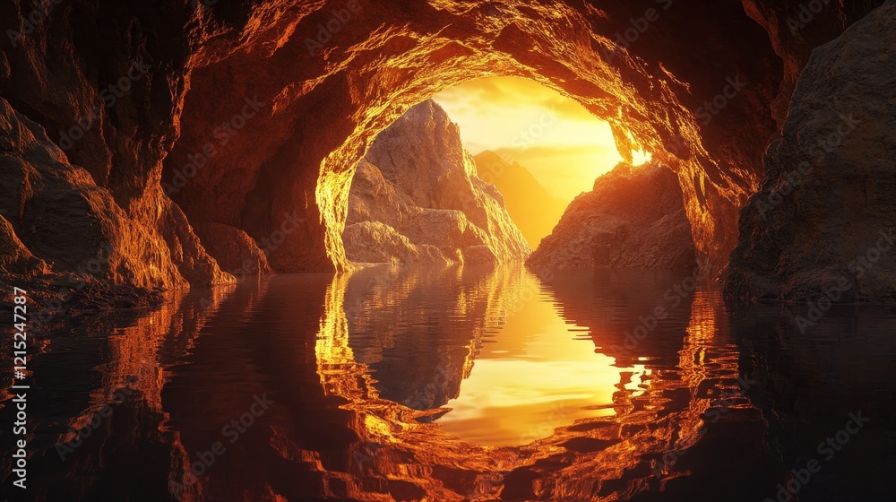 A cave with a river running through it and the sun shining through the entrance A cave with a river running through it and the sun shining through the entrance
