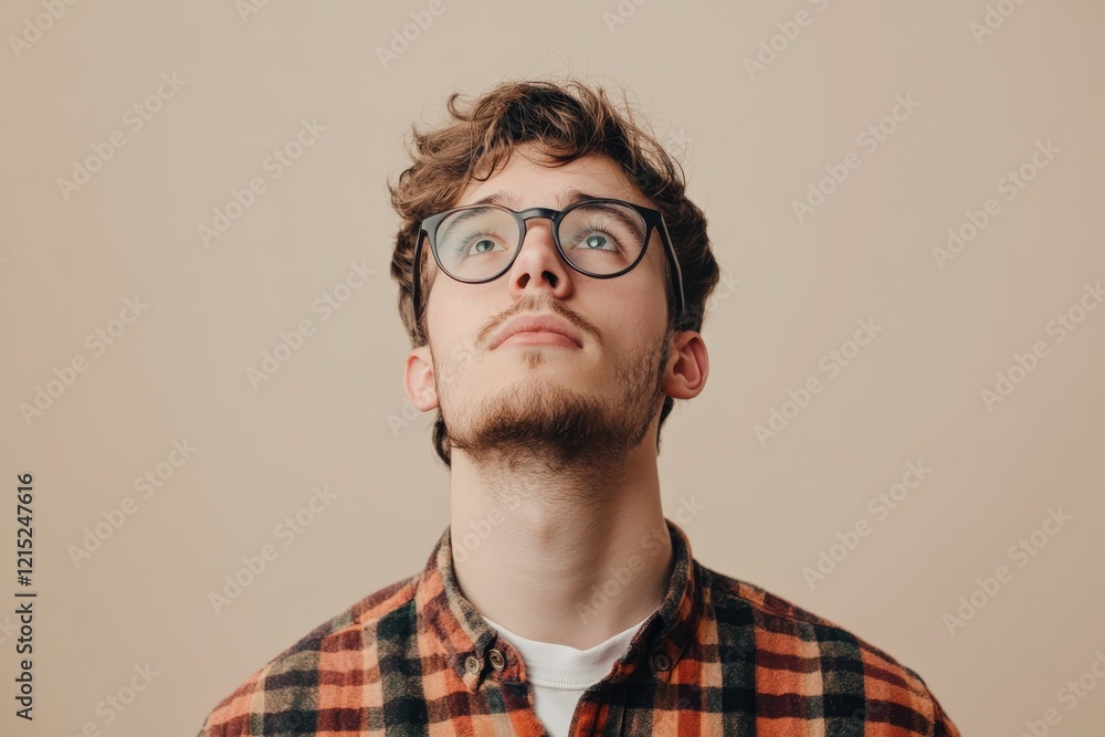 Obraz premium Thoughtful Young Man in Glasses Looking Upward Against a Neutral Background