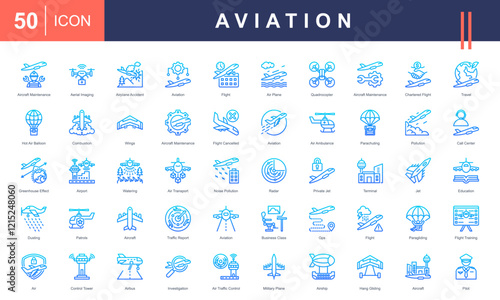 Aviation icon set. Containing aircraft maintenance, aerial Imaging, airplane accident, flight and education.