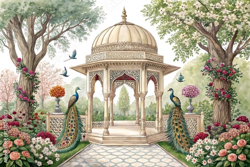 Traditional Mughal garden arch featuring a peacock and a wedding dome illustration