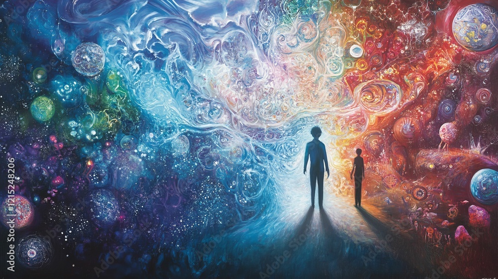 Two figures stand before cosmos, warm and cool. Two figures stand before cosmos, warm and cool.