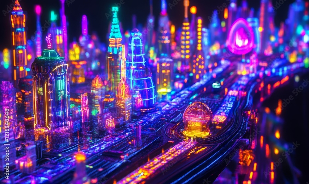 Fototapeta premium Futuristic city with glowing structures and pathways.