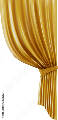 Elegant golden stage curtains, tied with a ribbon, unveiling a bright white backdrop, perfect for showcasing announcements or presentations