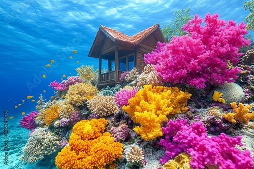 Underwater House Surrounded By Vibrant Coral Reef photo