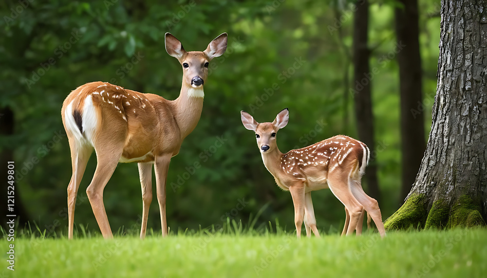 Mother Deer and Fawn in a Sunlit Forest A Serene Nature Moment Mother Deer and Fawn in a Sunlit Forest A Serene Nature Moment
