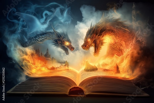 This vibrant illustration captures the essence of a children's storybook, perfect for celebrating World Book Day with its enchanting dragons and magical scenes. photo