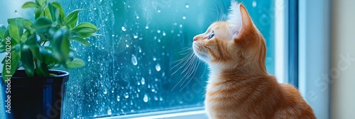 Kitten Watching Rain From Window - An adorable ginger kitten sits by a window, watching raindrops fall on the glass. A small plant sits nearby. photo