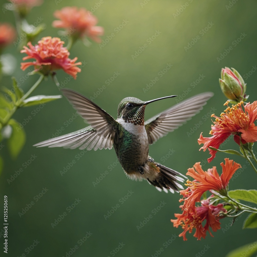 Fototapeta premium A hummingbird in flight near a flower, its wings in motion and the green background beautifully blurred.