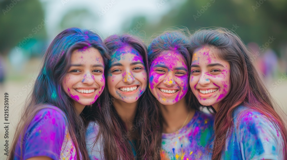 Four international students smiling and celebrating with colorful powder during a festival, showcasing vibrant hues on their faces and clothes Four international students smiling and celebrating with colorful powder during a festival, showcasing vibrant hues on their faces and clothes