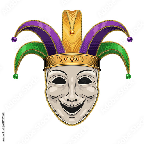 Theatrical comedy face mask with jester harlequin hat. Mardi Gras themed detailed illustration in vintage style. Front view.