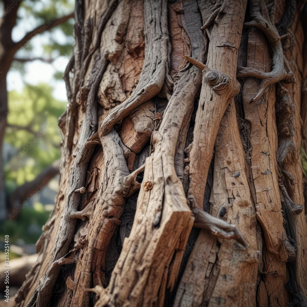 Closeup of ancient tree trunk with rugged, weathered bark and twisted branches, outdoor tree, wooden tree, rugged bark Closeup of ancient tree trunk with rugged, weathered bark and twisted branches, outdoor tree, wooden tree, rugged bark