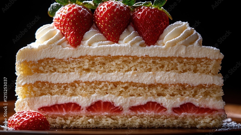Strawberry shortcake slice, dessert, dark background, studio shot, food photography Strawberry shortcake slice, dessert, dark background, studio shot, food photography