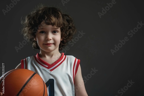 A young boy is holding a basketball and smiling. He is wearing a jersey with the number 1 on it