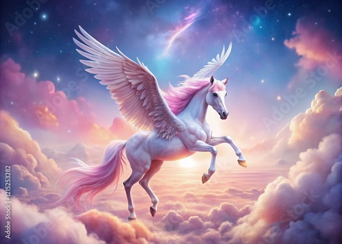 Magical Pink & White Unicorn Flying in Pastel Sky - Long Exposure Fantasy Stock Photo photo