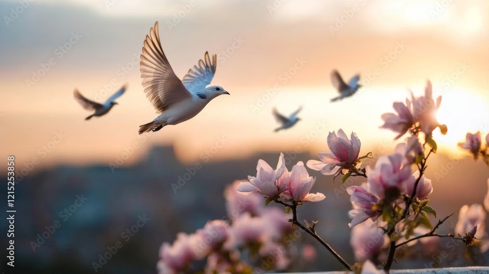 Fototapeta premium In a glow of warm sunset light, doves in graceful flight soar over a cityscape, framed by the soft beauty of pink blossoms, capturing freedom and serenity.