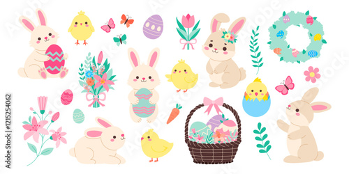 A collection of Easter bunny and bird characters. Some of the characters are holding eggs, while others are holding baskets. Scene is cheerful and festive, with a focus on the Easter holiday