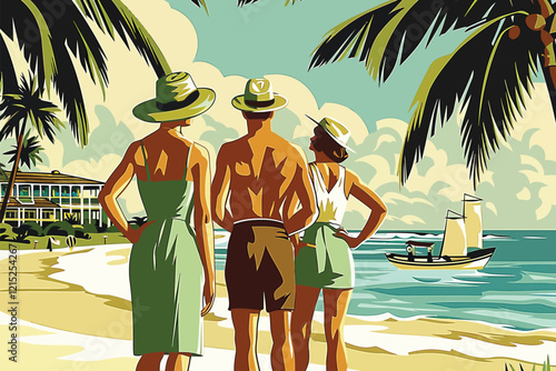 1940s Coastal Getaway vintage poster isolated illustration