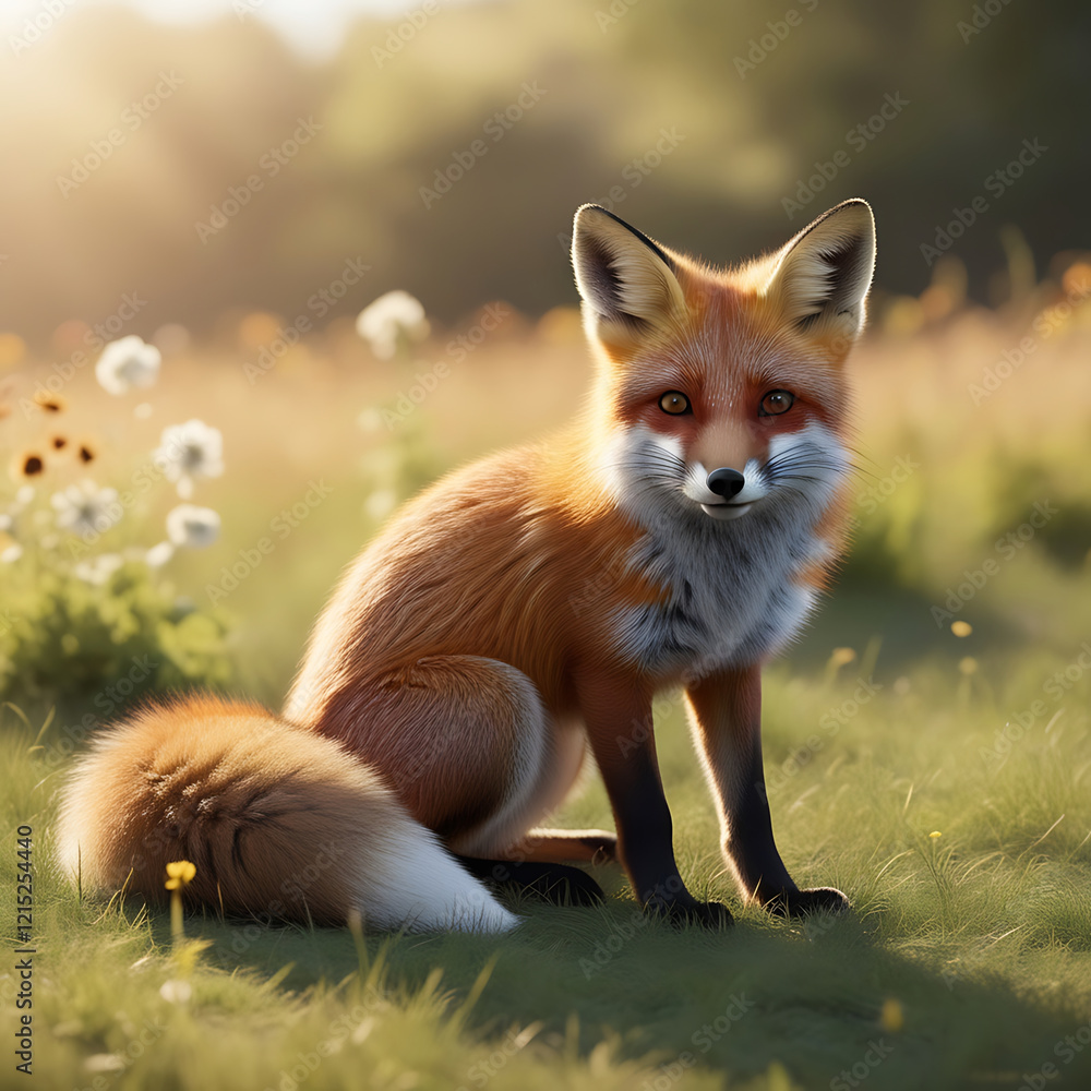 Fototapeta premium Red Fox Sitting in a Sunny Meadow with Wildflowers, Generated with AI.