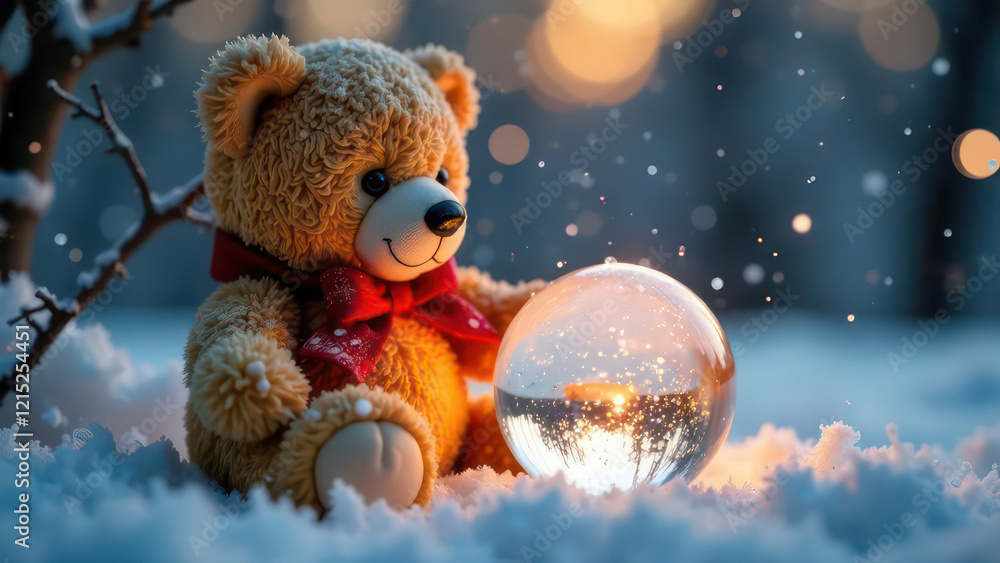 close-up photo, teddy bear with a magic transparent light ball with frost on a winter at Christmas time close-up photo, teddy bear with a magic transparent light ball with frost on a winter at Christmas time