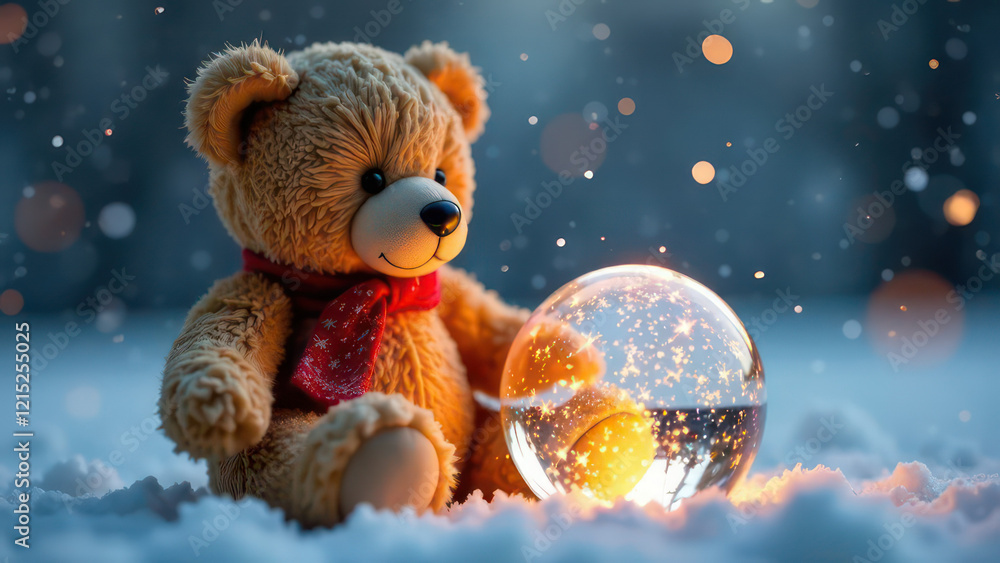 close-up photo, teddy bear with a magic transparent light ball with frost on a winter at Christmas time close-up photo, teddy bear with a magic transparent light ball with frost on a winter at Christmas time