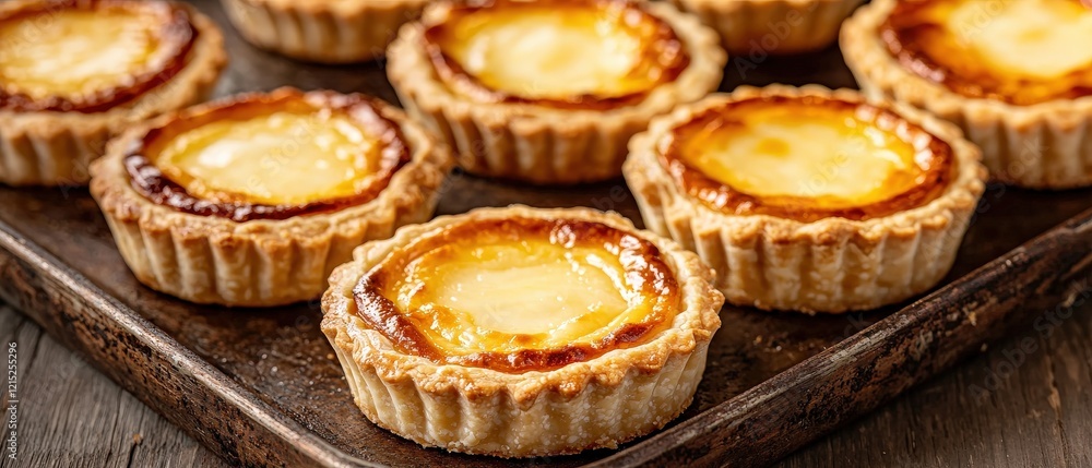 Freshly Baked Custard Tarts on a Rustic Baking Tray Ready for Dessert Presentation and Taste Testing Freshly Baked Custard Tarts on a Rustic Baking Tray Ready for Dessert Presentation and Taste Testing