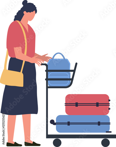 Tourist woman pushing a luggage trolley filled with suitcases and a backpack at the airport terminal, getting ready for departure or arrival while navigating through the bustling space