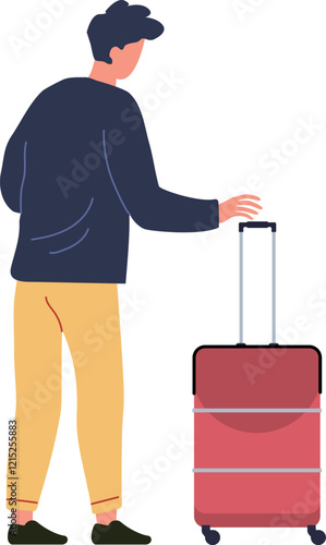 Businessman walking with his trolley luggage at the airport terminal, going to boarding gate, business trip or vacation concept, simple flat vector illustration on white background