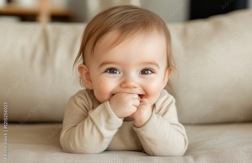 Cheerful baby lying on a sofa with a warm smile and playful demeanor in a cozy living room Cheerful baby lying on a sofa with a warm smile and playful demeanor in a cozy living room
