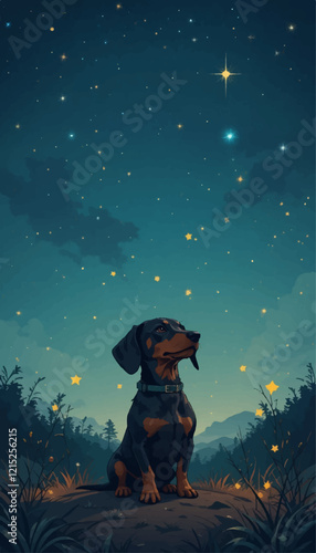 Dachshund Sitting Calmly Under a Starry Sky With a Gentle Glow from Fireflies in a Warm and Peaceful Illustration Vector Style Depicting a Quiet Night