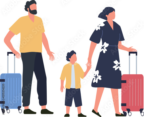 Family with rolling suitcases walking through airport terminal, going on vacation or business trip, parents and child traveling together, modern flat vector illustration