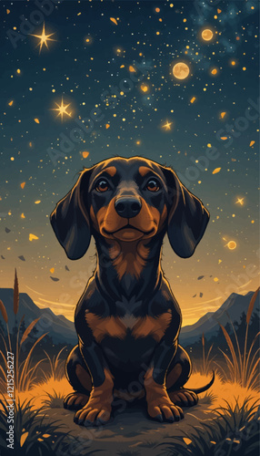 Dachshund Sitting Calmly Under a Starry Sky With a Gentle Glow from Fireflies in a Warm and Peaceful Illustration Vector Style Depicting a Quiet Night