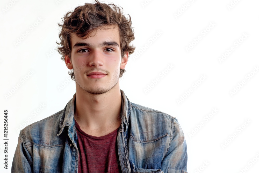 Fototapeta premium Portrait of a Young Man with Curly Hair in a Denim Jacket Against a White Background