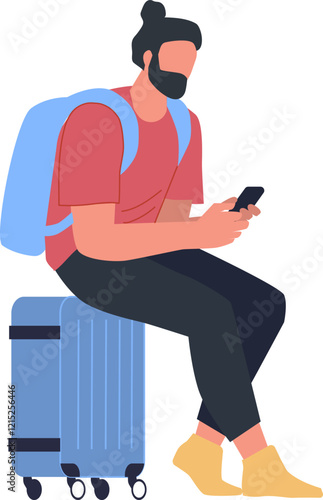 Young bearded tourist with backpack sitting on suitcase using smartphone waiting for boarding, travel and tourism concept, flat vector illustration isolated on white background