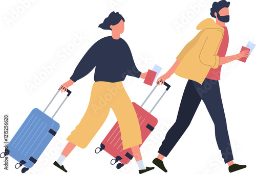 Tourists hurrying through the airport terminal, pulling wheeled suitcases and holding passports, eagerly preparing to board their flight for an exciting journey ahead