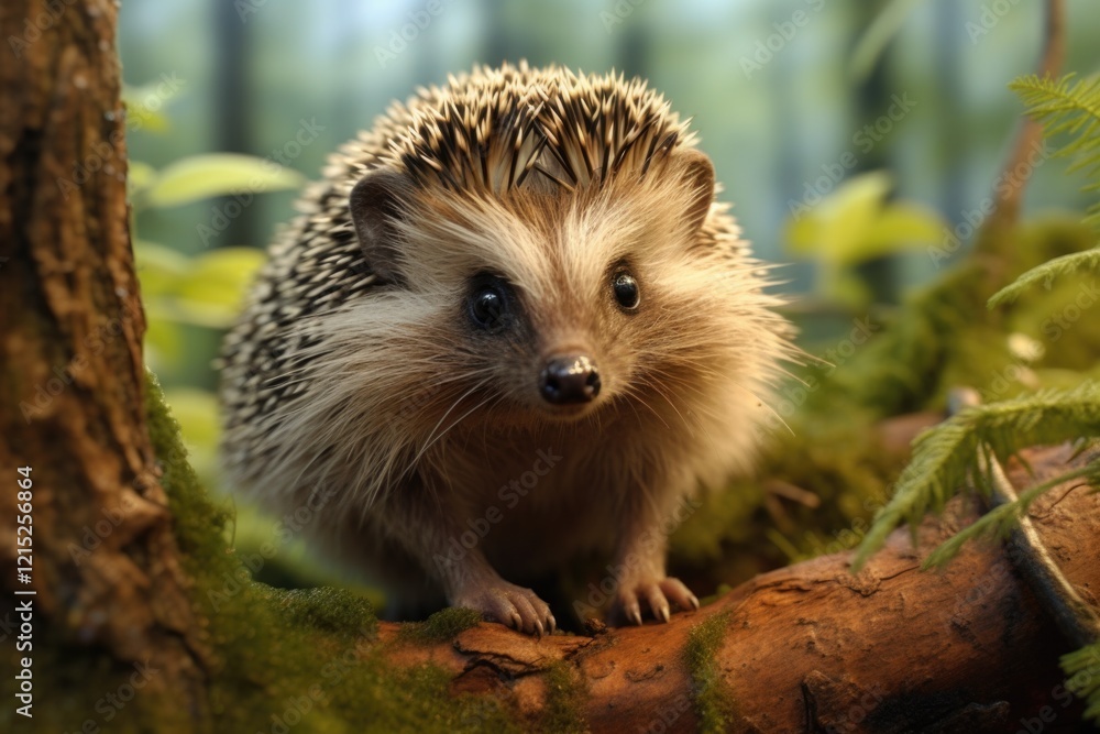 Naklejka premium A small brown and white hedgehog is standing on a mossy log in a forest. The hedgehog is looking up at the camera, seemingly curious about its surroundings