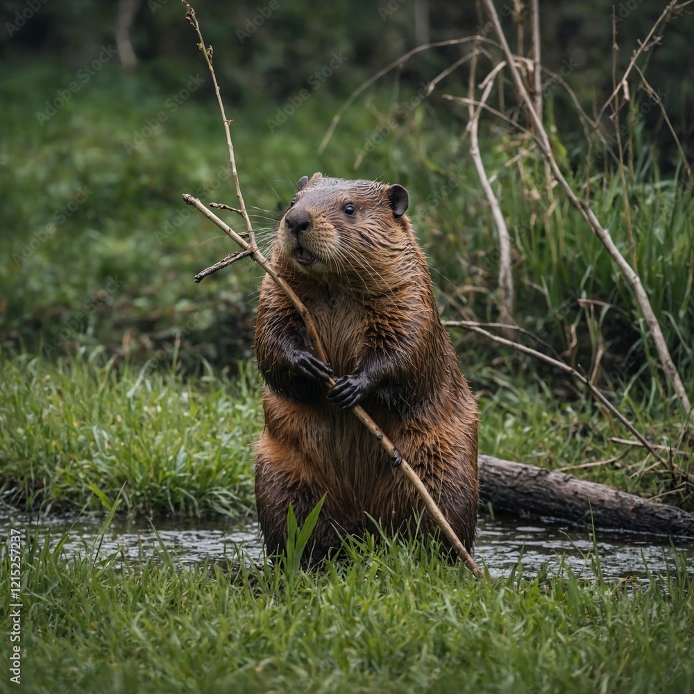 Fototapeta premium A beaver carrying a branch through a grassy area, its full body in focus and the background softly blurred.