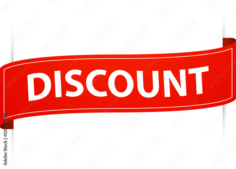 Fototapeta premium Red waving ribbon featuring a discount offer symbolizes savings and promotions, enticing customers with reduced prices and exclusive deals in retail environments