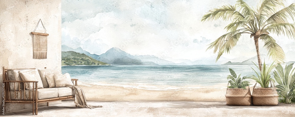 Naklejka premium A serene beach scene with a cozy seating area, palm trees, and gentle waves, evoking a tranquil, tropical atmosphere.