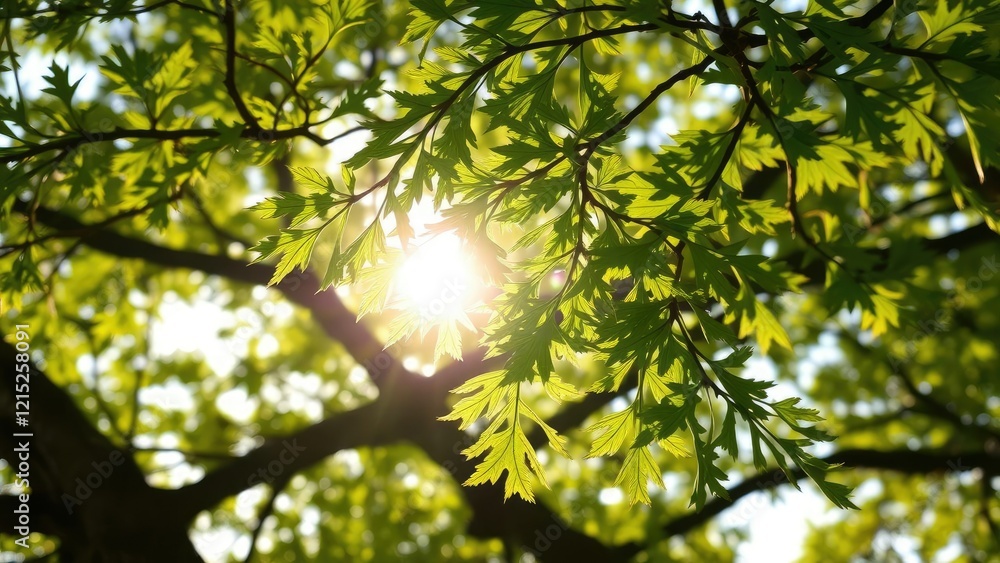 Fototapeta premium Delicate oak tree leaves glistening in the soft morning sunlight, nature, sunlight
