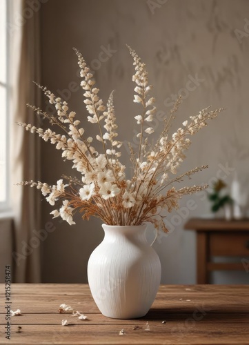 Delicate white wild dried floral arrangement in white vase on rustic brown table, pure, elegant