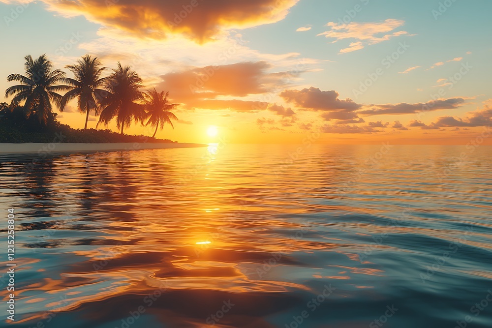 Tranquil Sunset Over Tropical Island Beach Palms Tranquil Sunset Over Tropical Island Beach Palms