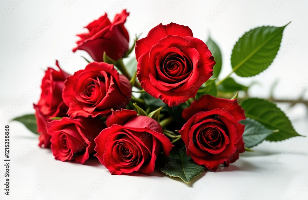 Obraz premium Radiant red roses in a bouquet rest on a white surface. Floral arrangement is elegant and vibrant. Roses are perfect for a gift or celebration. Flowers are a classic symbol of love and beauty.