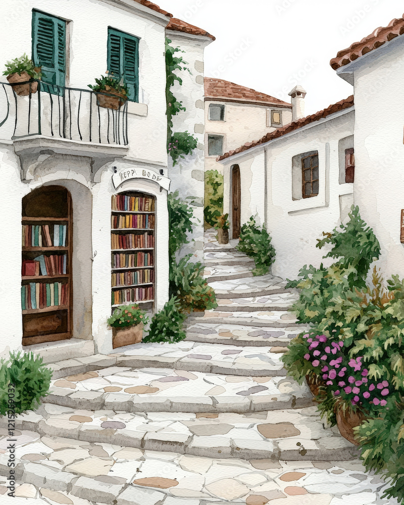 Charming street with white buildings, bookshelves, and flowers, evoking peaceful atmosphere. Perfect for art lovers and travelers Charming street with white buildings, bookshelves, and flowers, evoking peaceful atmosphere. Perfect for art lovers and travelers