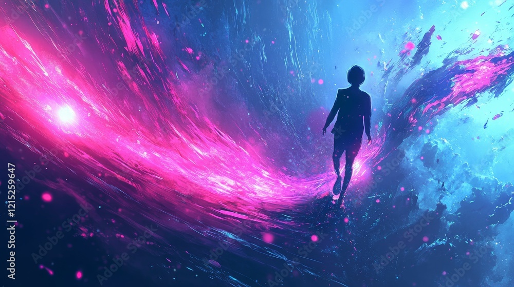 Silhouette walks through abstract colorful cosmic background. Silhouette walks through abstract colorful cosmic background.