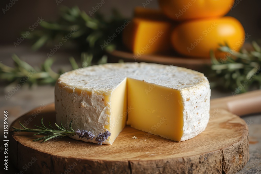 a cheese on a wooden board with oranges and herbs a cheese on a wooden board with oranges and herbs
