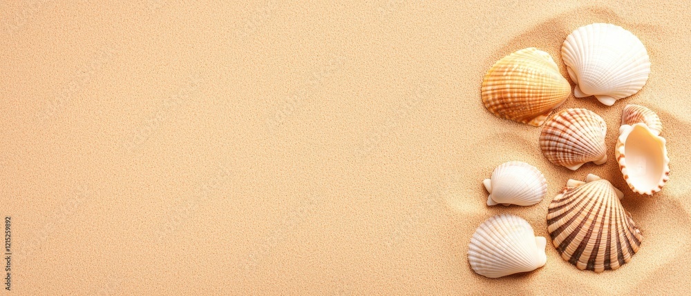 Beautiful Collection of Various Seashells on Soft Sandy Background for Beach or Coastal Themes Beautiful Collection of Various Seashells on Soft Sandy Background for Beach or Coastal Themes