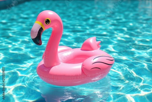 a pink flamingo floating in a pool