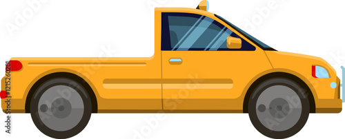 Modern yellow pickup truck showing left side view with two doors and empty trunk is parked on white background, representing transportation, delivery, and urban logistics