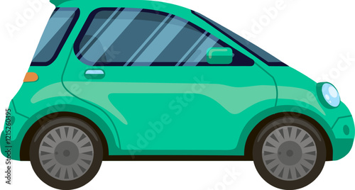 Featuring a sleek side view of a small, green, modern compact car, highlighting efficient urban transportation and a commitment to environmental sustainability