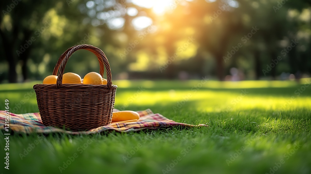 Picnic basket with yellow eggs on grassy park. Picnic basket with yellow eggs on grassy park.